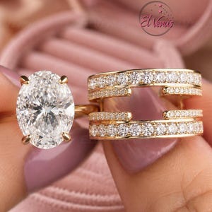 3.5ctw Oval Cut Moissanite enhancer Guard Ring Set, wedding matching Band, Two piece set