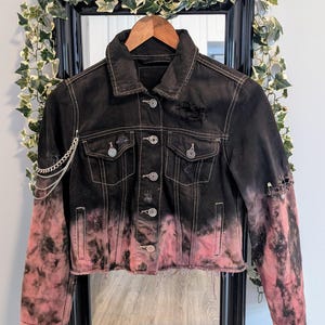 Grunge Pink & Black Chained Denim Jacket – Size Small | Upcycled Bleached Cropped Jacket | Emo Punk Streetwear