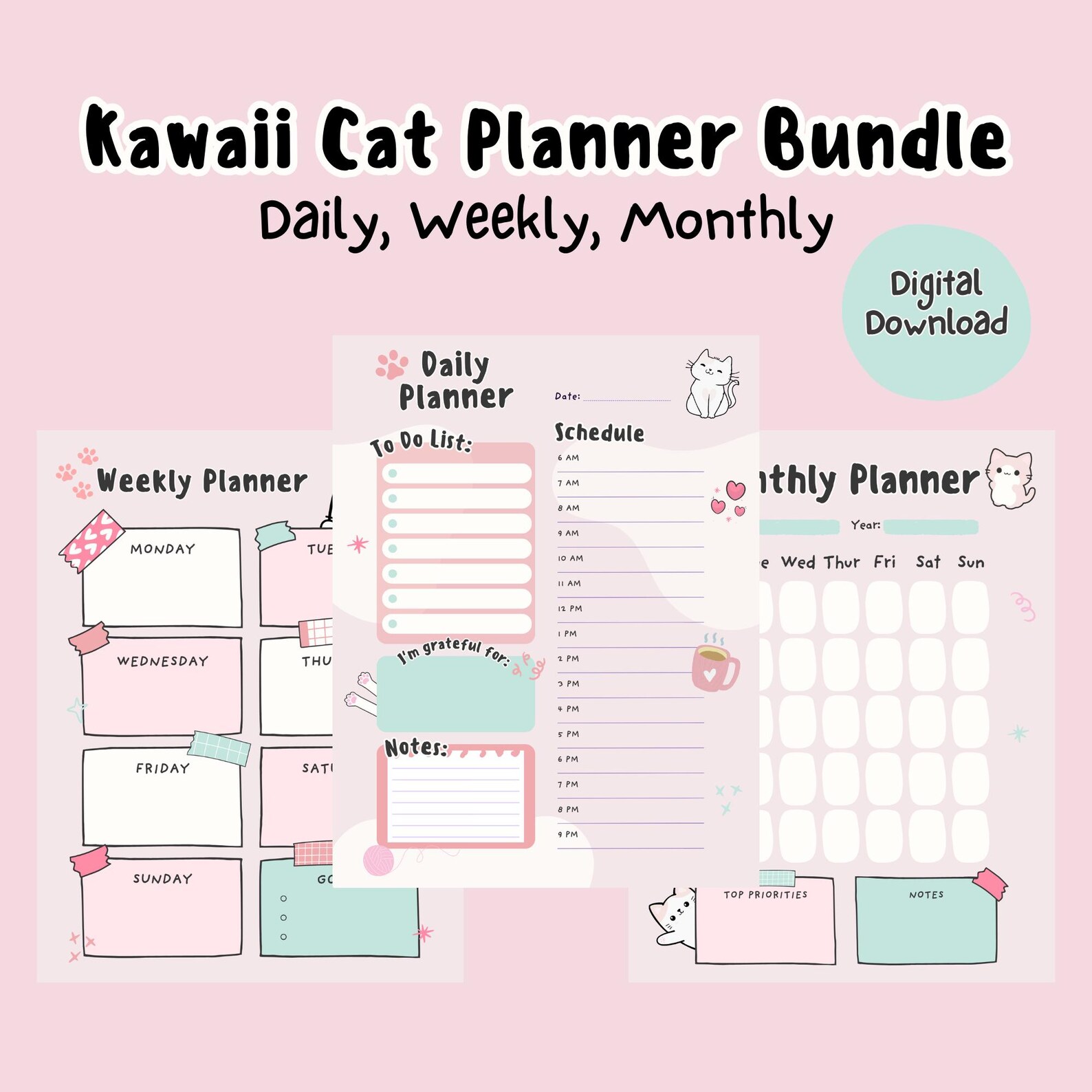Kawaii Cat Planner Bundle | Daily, Weekly & Monthly Printable PDF - Etsy