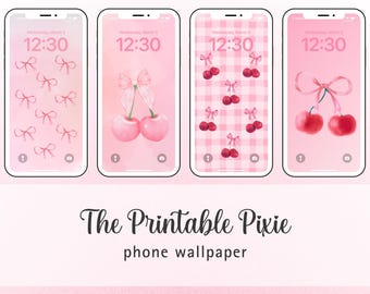 Coquette Cherry Phone Wallpaper Set | Pink Bows, Cherries (Digital Download)