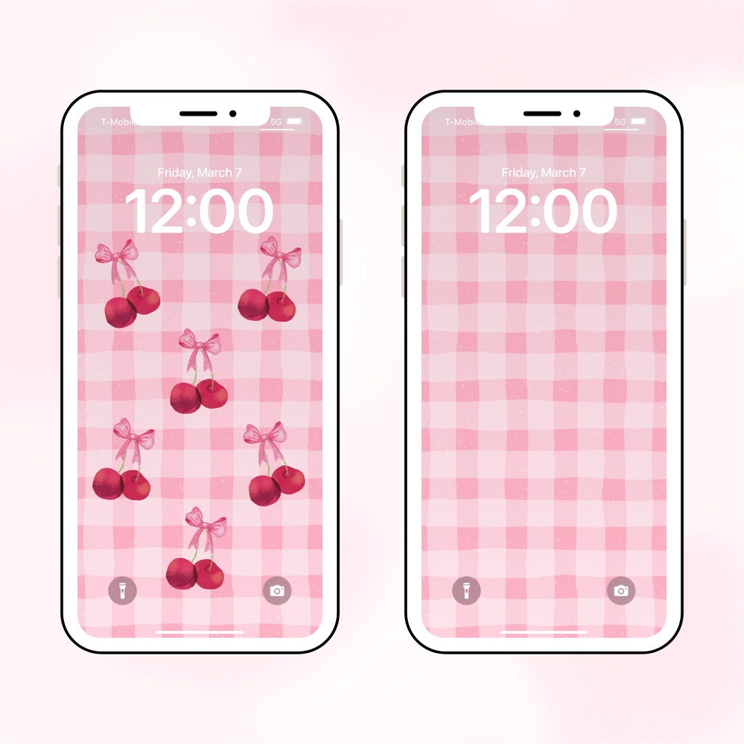 Coquette Cherry Phone Wallpaper Set β Pink Gingham Bows (digital ...