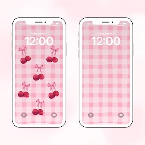 May include: Two pink and white checkered phone wallpapers with a digital clock displaying 12:00. The left wallpaper has a pattern of red cherries with pink bows. The right wallpaper has a simple checkered pattern.