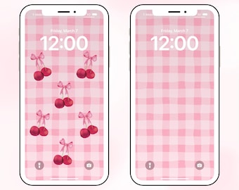 Coquette Cherry Phone Wallpaper Set – Pink Gingham Bows (Digital Download)