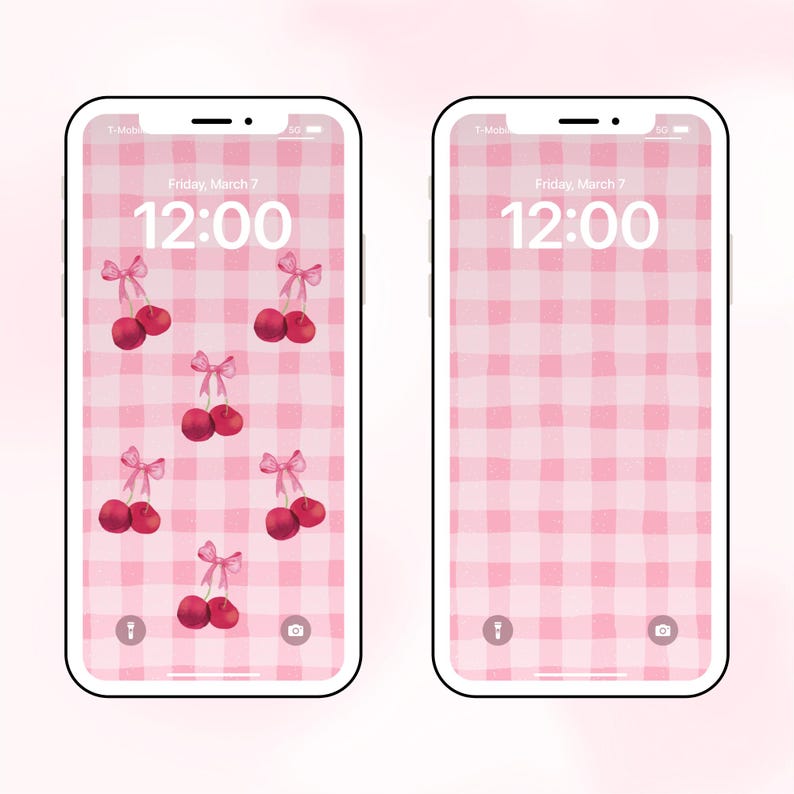 May include: Two pink and white checkered phone wallpapers with a digital clock displaying 12:00. The left wallpaper has a pattern of red cherries with pink bows. The right wallpaper has a simple checkered pattern.