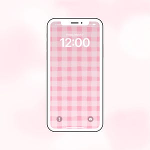 May include: A pink and white gingham pattern phone wallpaper with the time 12:00 displayed on a white smartphone screen. The date is Friday, March 7.