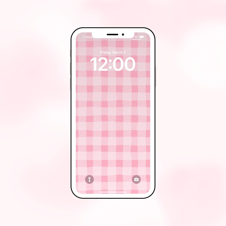 May include: A pink and white gingham pattern phone wallpaper with the time 12:00 displayed on a white smartphone screen. The date is Friday, March 7.