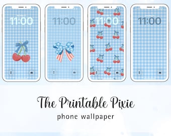 Coquette Americana Phone Wallpaper | Cherry, Patriotic Bow, Blue Gingham iPhone Backgrounds | Set of 4