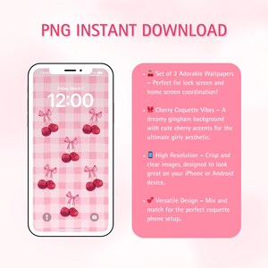 May include: Two phone wallpapers featuring a pink and white gingham background with red cherries and white bows. The text on the phone screen reads "Friday, March 7" and "12:00".