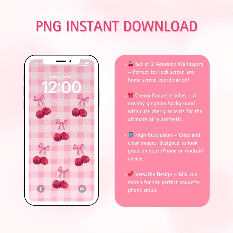 May include: Two phone wallpapers featuring a pink and white gingham background with red cherries and white bows. The text on the phone screen reads "Friday, March 7" and "12:00".