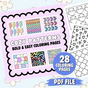 May include: A printable PDF file with 28 coloring pages featuring bold and easy patterns. The patterns include lightning bolts, zigzags, arrows, puzzle pieces, and abstract shapes. The title "Cozy Patterns Bold & Easy Coloring Pages" is at the top of the page.