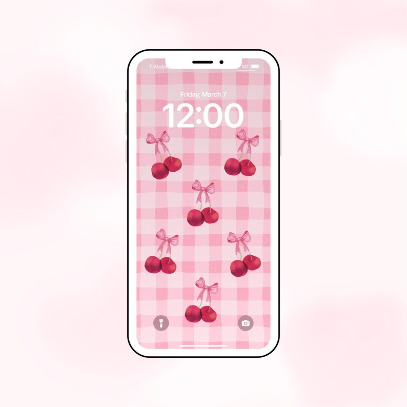 May include: A pink and white checkered phone background with a digital clock displaying 12:00 and several red cherries with pink bows.