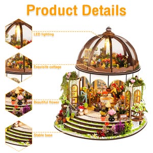 May include: A miniature wooden greenhouse with a domed roof and LED lighting. The structure features an exquisite cottage design, with detailed flower arrangements and a stable base. The image includes the text "Product Details".