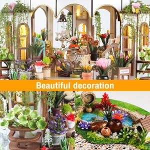 May include: A miniature dollhouse with a garden theme. The scene includes a variety of potted plants, flowers, and decorative elements. The text "Beautiful decoration" is displayed across the image. The overall design is intricate and detailed.