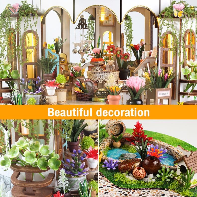 May include: A miniature dollhouse with a garden theme. The scene includes a variety of potted plants, flowers, and decorative elements. The text "Beautiful decoration" is displayed across the image. The overall design is intricate and detailed.