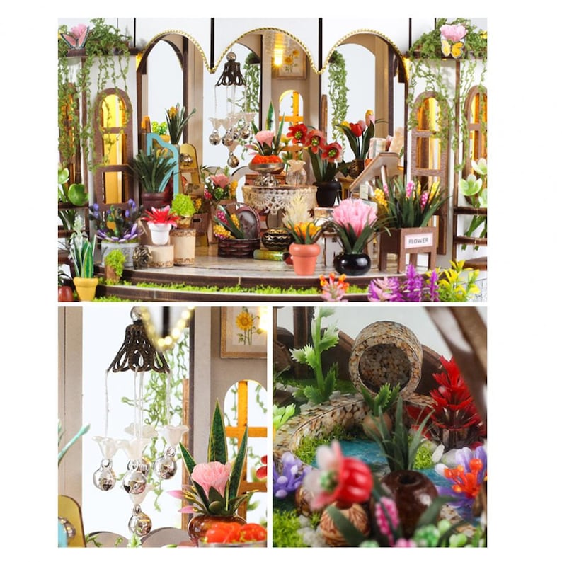 May include: A miniature wooden flower shop model with various potted plants and floral arrangements. The model features archways, hanging lights, and a small sign that says "FLOWER". The color palette includes greens, pinks, yellows, and browns.
