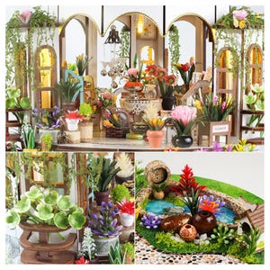 May include: A miniature dollhouse garden scene with a variety of colorful flowers and plants in pots and planters. The scene includes a small pond, a bridge, and decorative elements, creating a charming and detailed miniature landscape.