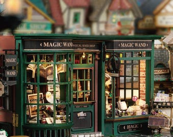 Kącik z książkami fantasy, drewniany zestaw DIY z różdżką LED Sklep