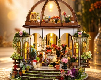 Mini Garden Decor, LED Wooden Greenhouse Kit for Bookshelf Display, 25.5 cm