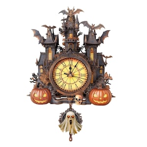 May include: A wall clock shaped like a haunted castle with a round face featuring Roman numerals. The structure includes dark towers, bats, two glowing orange jack-o'-lanterns, a skull, and a hanging pendulum depicting a white ghost with glowing eyes.
