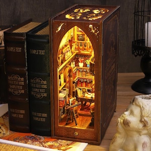 Vintage Library&quot; Book Nook Kit | Wooden Library Diorama with Light | Bookshelf Insert Model Kit | Gift for Book Lovers