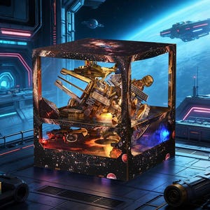 May include: A cubic display case featuring a dark space-themed exterior with stars and nebulae. Inside, a detailed golden mechanical structure resembling a complex spacecraft or satellite is positioned, surrounded by small rocky elements.