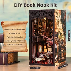 May include: DIY Book Nook Kit with a "Voyage Memories" theme. The wooden kit, measuring 9.05 inches tall, 7.09 inches wide, and 4.33 inches deep, features a detailed interior with miniature furniture and nautical elements. Assembly time is 8-10 hours.