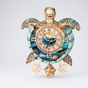 May include: A wall clock shaped like a sea turtle with a circular face featuring Roman numerals. The center depicts an ocean scene with waves and coral. Three starfish hang from the bottom of the turtle shell, which has a mosaic-like pattern.