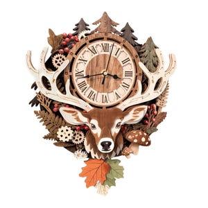 May include: A wooden wall clock featuring a central circular face with Roman numerals, surrounded by a layered forest scene. The design includes a deer head with large antlers, pine trees, red berries, mushrooms, gears, and autumn leaves.