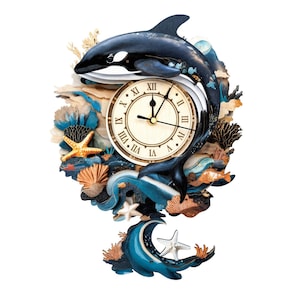 Puede incluir: Un reloj de pared con una orca azul oscuro arqueada sobre una esfera circular con números romanos negros. El diseño incluye elementos de madera en capas que representan una escena submarina con corales, estrellas de mar y olas azules.