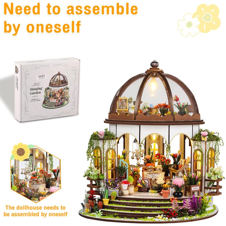 May include: A miniature dollhouse greenhouse with a glass dome roof, filled with flowers and plants. The text "Need to assemble by oneself" and "The dollhouse needs to be assembled by oneself" are visible. A box with the words "Hanging Garden" is also shown.