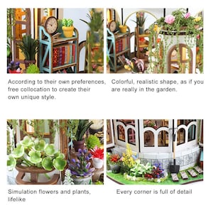 May include: Miniature dollhouse with detailed garden elements. Features include a small clock, bookshelves, and various plants. The text says, "According to their own preferences, free collocation to create their own unique style."