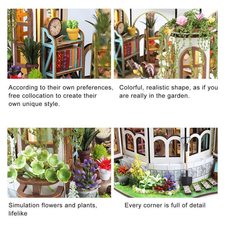 May include: Miniature dollhouse with detailed garden elements. Features include a small clock, bookshelves, and various plants. The text says, "According to their own preferences, free collocation to create their own unique style."