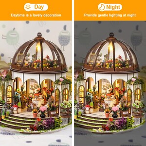 May include: Miniature greenhouse model with a domed glass roof, featuring detailed interior with flowers and plants. The model has a white and brown exterior, with the text "Daytime is a lovely decoration" and "Provide gentle lighting at night".