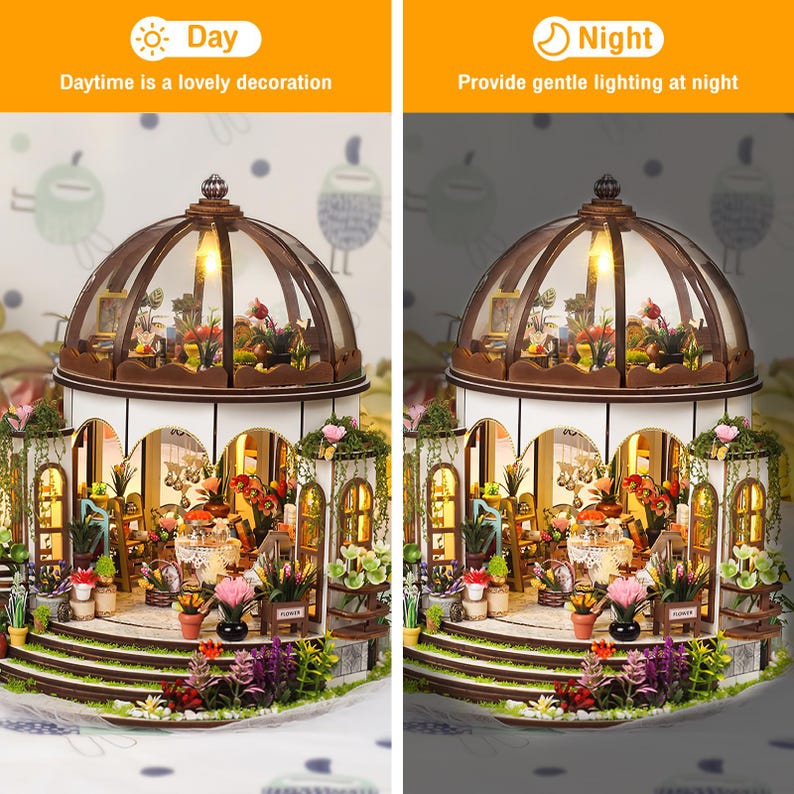 May include: Miniature greenhouse model with a domed glass roof, featuring detailed interior with flowers and plants. The model has a white and brown exterior, with the text "Daytime is a lovely decoration" and "Provide gentle lighting at night".