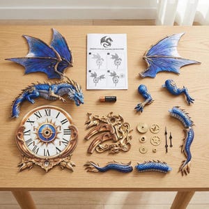 May include: A dragon clock assembly kit featuring a circular clock face with Roman numerals, blue and gold dragon body parts, two large blue wings, gold decorative accents, small metal gears, clock hands, a battery, and an instruction manual.