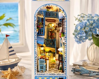 DIY Book Nook Kit Cozy Fishing Village Seaside Bookshelf Insert Miniature House LED