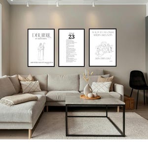 May include: Three framed wall art prints with black frames and white backgrounds. The left print features a line drawing of a shepherd with text. The center print displays Psalm 23 text. The right print shows a line drawing of flowers with text.