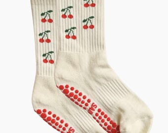 Cherry Embroidered Pilates Grip Socks: Barre Workout Non-Slip Socks