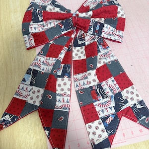 Large Americana Patchwork Bow – Handmade USA, Red White and Blue Ribbon Decor