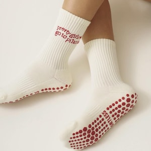 Pretty Girls Go To Pilates, Red Pilates Grip Socks, Crew Length Grip Socks,