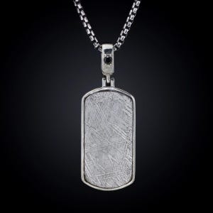 GIBEON METEORITE Necklace: Sterling Silver Dog tag Pendant featuring Gibeon Meteorite. With a Black Diamond Gemstone. Meteorite jewelry.