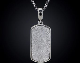 Gibeon Meteorite Sterling Silver Dog Tag Necklace: Black Diamond Accent