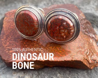 Dinosaur Bone Cufflinks: Certified dinosaur bone fossil in laid into 925 Sterling Silver. Statement making accessories. Cool gift.