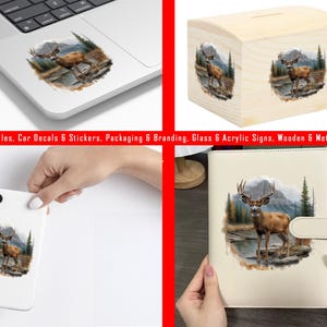 May include: A white phone case with a graphic of a brown and white deer standing in a forest setting. The deer is looking to the left. The background is a green and brown forest with a blue sky.