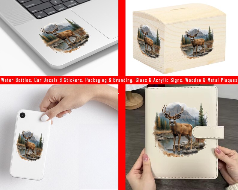 May include: A white phone case with a graphic of a brown and white deer standing in a forest setting. The deer is looking to the left. The background is a green and brown forest with a blue sky.