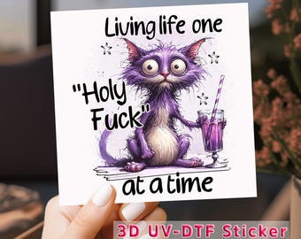 Funny Purple Cat UV DTF Sticker: Holy Shock Expression, Waterproof Decal
