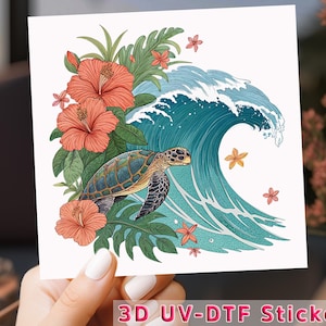 Trasferimento UV DTF Turtle Wave, pellicola protettiva Hibiscus Ocean, adesivo per tazze da spiaggia tropicale UV DTF, arte della fauna selvatica costiera