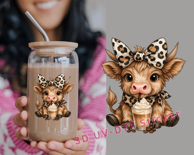 May include: A clear glass tumbler with a bamboo lid and a stainless steel straw. The tumbler features a cartoon cow with a leopard print bow and scarf. The cow is drinking from a coffee drink. The tumbler is filled with a brown liquid.