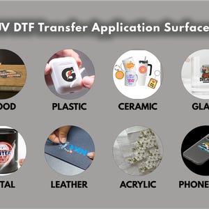 May include: Image showcasing UV DTF transfer application surfaces. The image includes examples on wood, plastic, ceramic, glass, metal, leather, acrylic, and a phone case. Each surface displays a different design or logo.