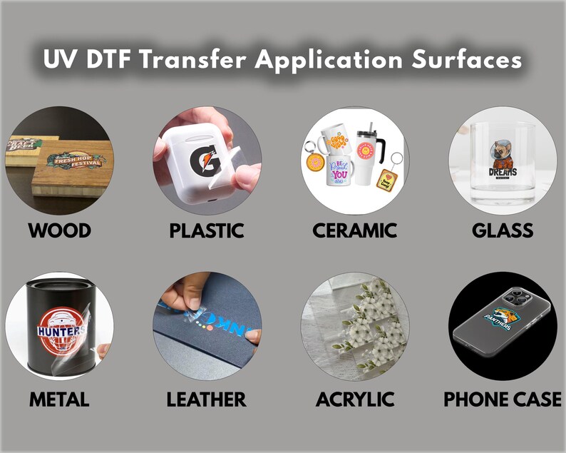 May include: Image showcasing UV DTF transfer application surfaces. The image includes examples on wood, plastic, ceramic, glass, metal, leather, acrylic, and a phone case. Each surface displays a different design or logo.